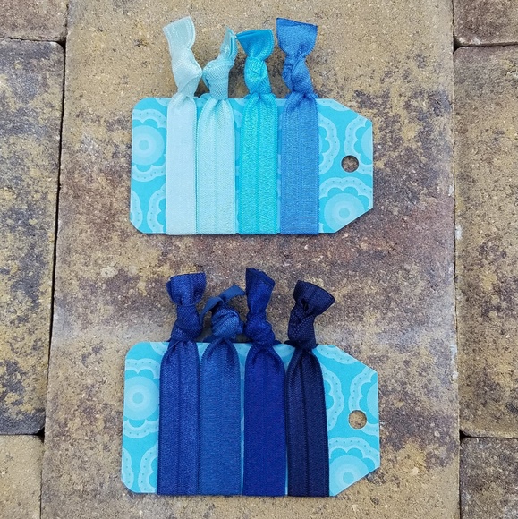 Set of 8 Elastic Hair Ties | Pastel Light Royal Blue Navy Hair Elastics - Picture 2 of 2